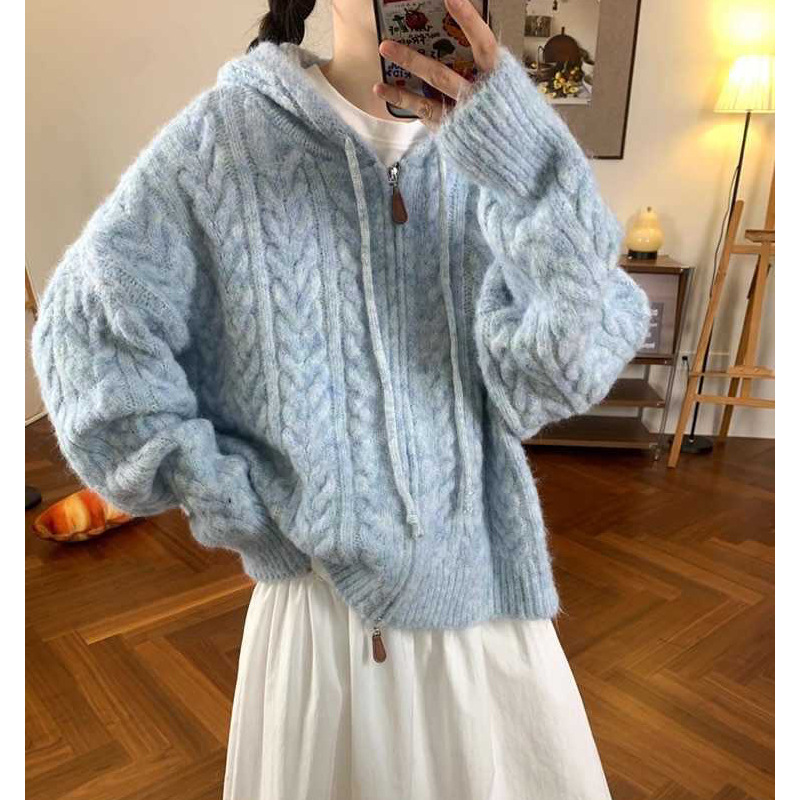 Thick Hemp Flower Sweater Jacket for Women in Autumn and Winter New Korean Style Niche Design Loose Lazy Thick Hooded Knitted Cardigan