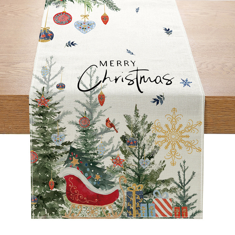 Camino de mesa navideño con estampado de muñeco de nieve y Santa
