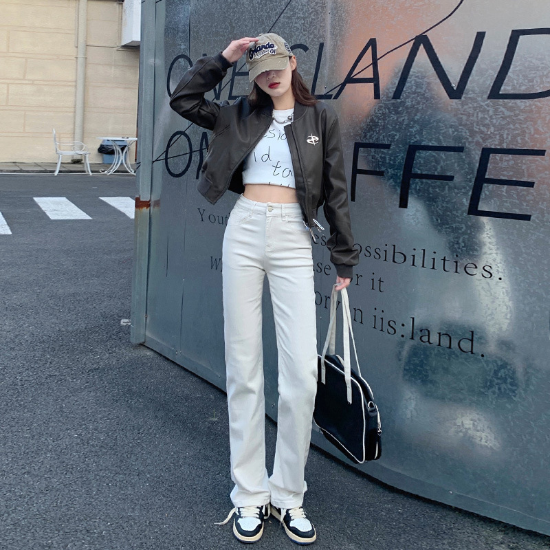 Mu Hanshe Ivory White Slim Straight-Leg Jeans for Women 2023 Autumn High-Waisted Straight-Leg Pants That Make Legs Look Longer with High-Waisted Design