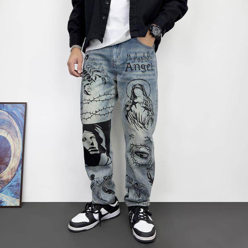 Original Men's Jeans with Anime Graffiti Design, High-End Trendy Brand, Loose Tapered Fit, 2026 American High Street Style, Spring/Summer Long Pants Original Men's Jeans with Anime Graffiti Design, High-End Trendy Brand, Loose Tapered Fit, 2026 American High Street Style, Spring/Summer Long Pants