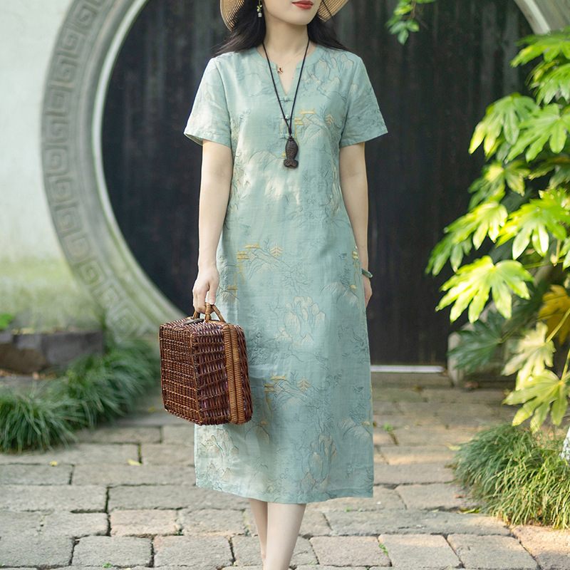 2025 Fresh and Texturistic National Style Ramie Embroidered dress Women's Vintage V-Neck Buckle New Chinese Short-Sleeved Skirt for Children 2025 Fresh and Texturistic National Style Ramie Embroidered dress Women's Vintage V-Neck Buckle New Chinese Short-Sleeved Skirt for Children