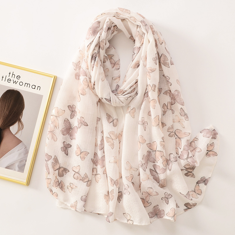 Fresco fino algodón y lino sensación bufanda elegante rosa claro mariposa plata caliente curling chal decorativo protector solar femenino Toalla de playa