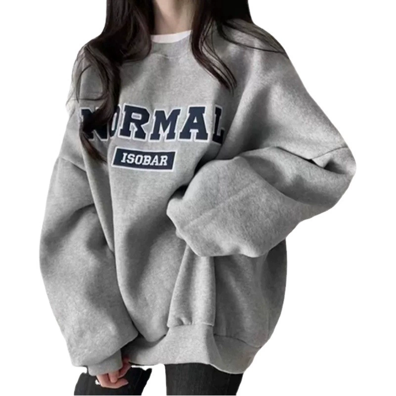 Серый свитер с круглым вырезом и капюшоном на флисовой подкладке, женский свободный свитер средней длины на осень и зиму, толстый топ в Корейском стиле BF в ленивом стиле с длинным рукавом