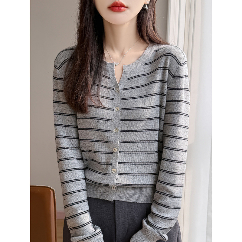 2026 Spring and Autumn New Fine Wool V-Neck Knitted Cardigan Long Sleeve Women's Color Block Striped Polka Dot Loose Top