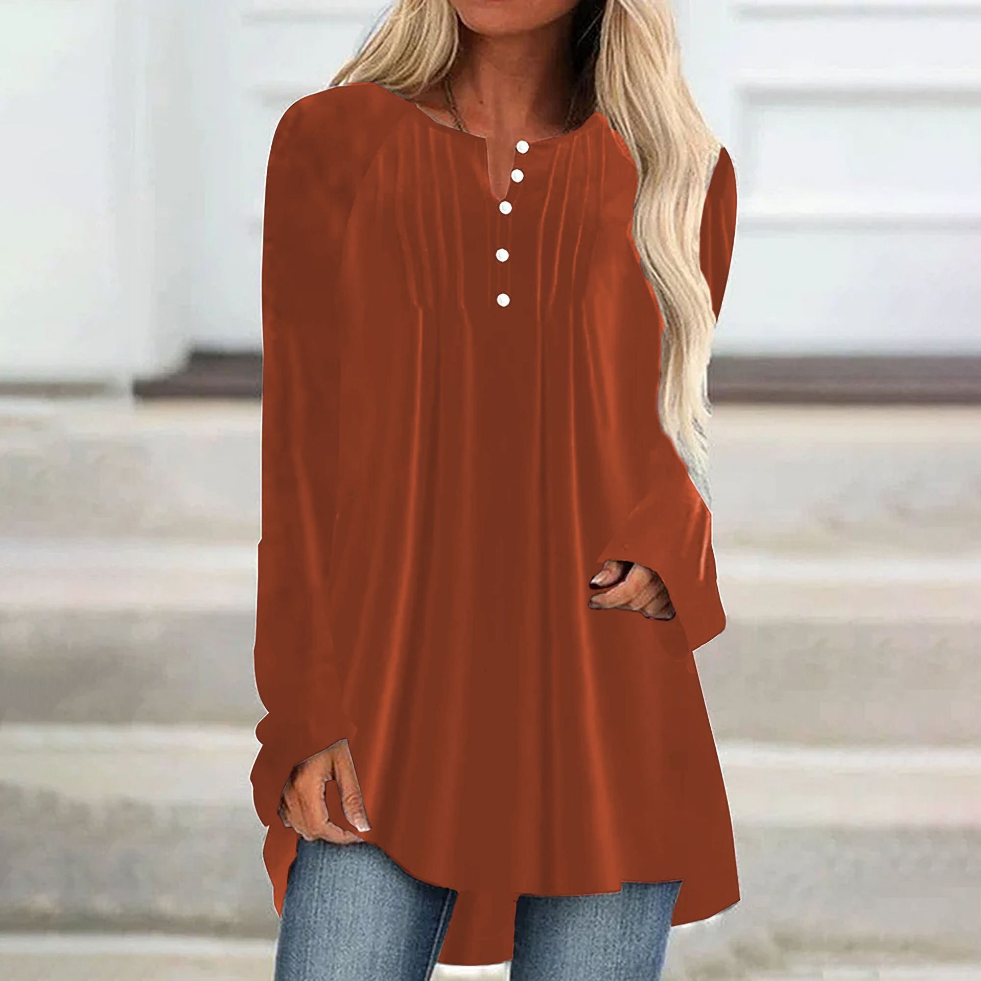 2026 European American Women's Fashion Autumn New V-neck Buttoned Velvet Long-sleeve Shirt With Chest Pleats And_ecoleips.com
