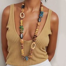 欧美波西米亚多材质混搭长项链仿宝石木质金色珠撞色复古个性配饰
