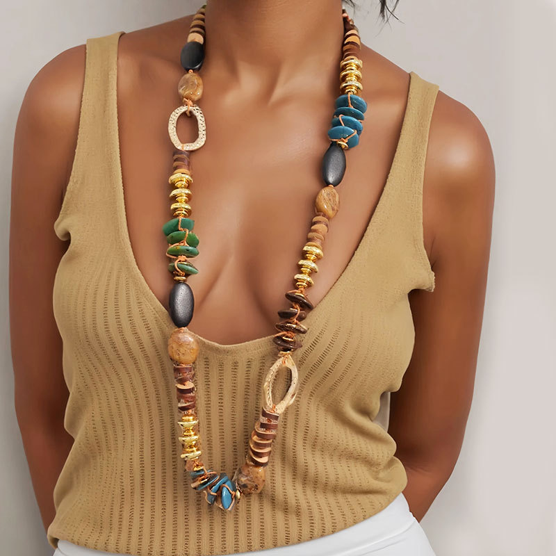 欧美波西米亚多材质混搭长项链仿宝石木质金色珠撞色复古个性配饰