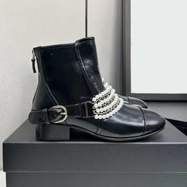 2025新款秋冬时尚舒适圆头中跟珍珠链条粗跟法式短靴女款单靴子