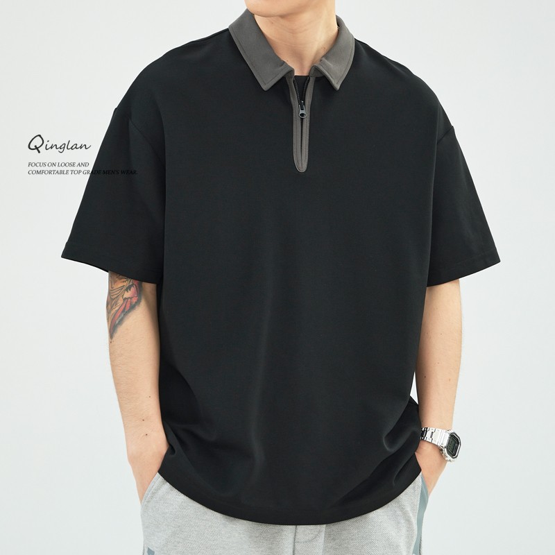 Nuevos niños de verano color sólido negro de manga corta marca de moda cremallera POLO camisa solapa simple suelta casual top de moda