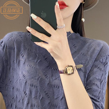 2023春夏新款五分袖针织衫女半高领千鸟格褶皱短袖宽松打底T恤