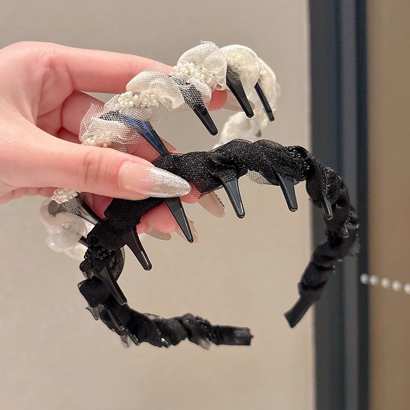 Diadema de diamantes de imitación de hilo de malla negra twist Diadema de temperamento superior de cráneo alto femenino con dientes, tarjeta de lujo ligera antideslizante, tocado facial