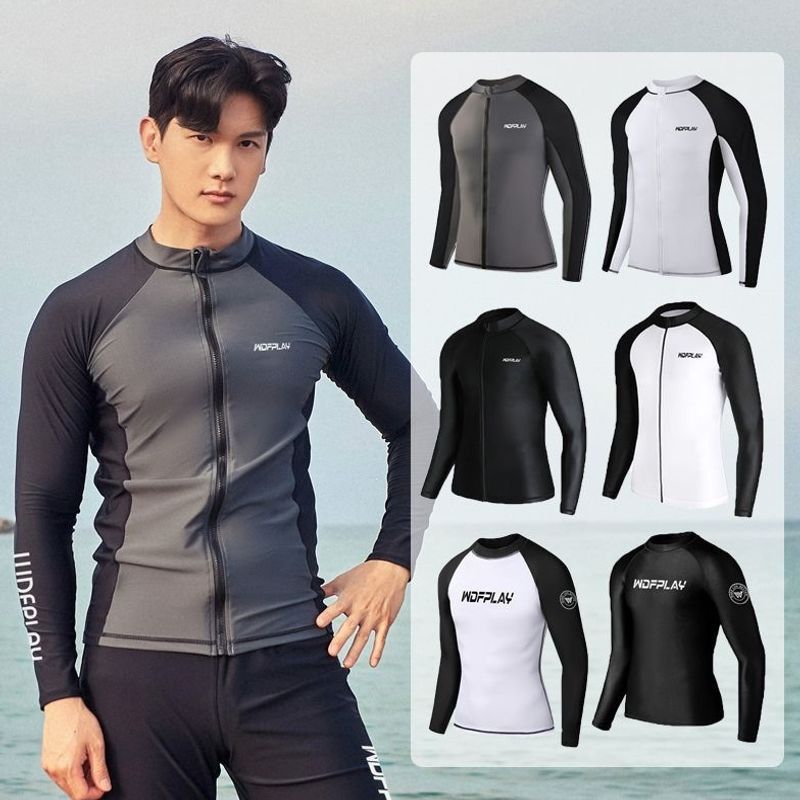 New men's swimsuit with zipper, long-sleeved diving suit, men's conservative surfwear, long-sleeved hot spring swimwear for students, in stock