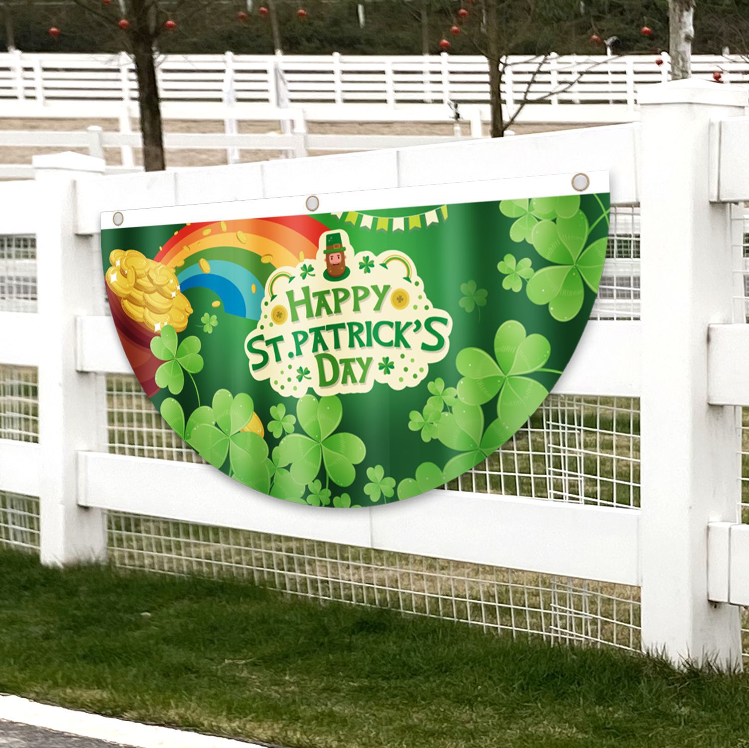Nueva Bandera de abanico del día de San Patricio transfronterizo día irlandés decoraciones al aire libre impresión creativa Bandera de semicírculo