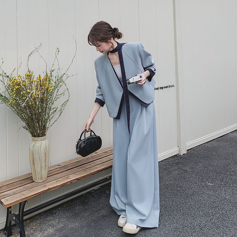 蓝色西装西裤两件套女春秋季2025漂亮感韩系休闲套装ins|undefined