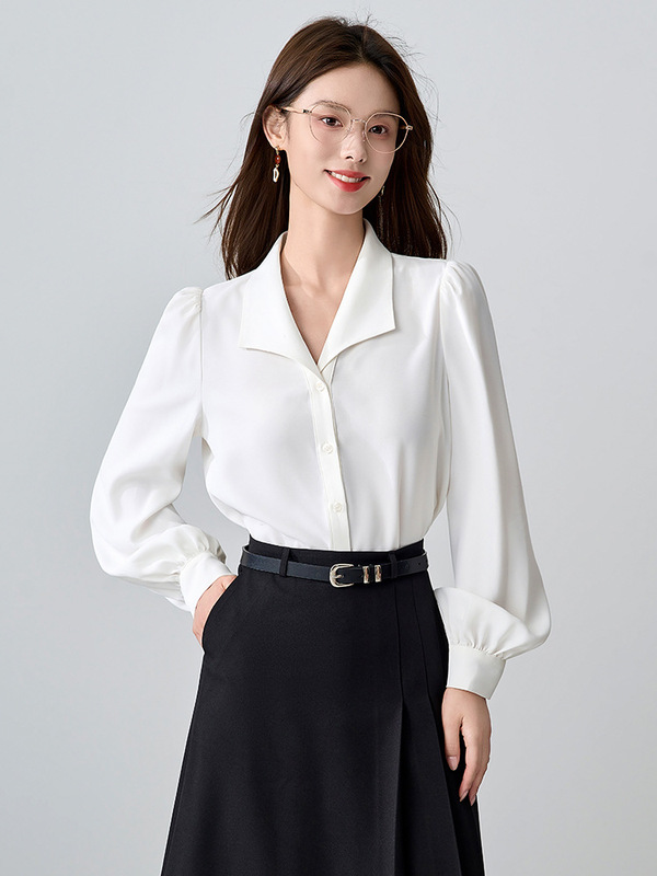 蝴蝶结蓝色衬衫女2025春秋新款通勤穿搭法式面试长袖衬衣职业上衣|undefined