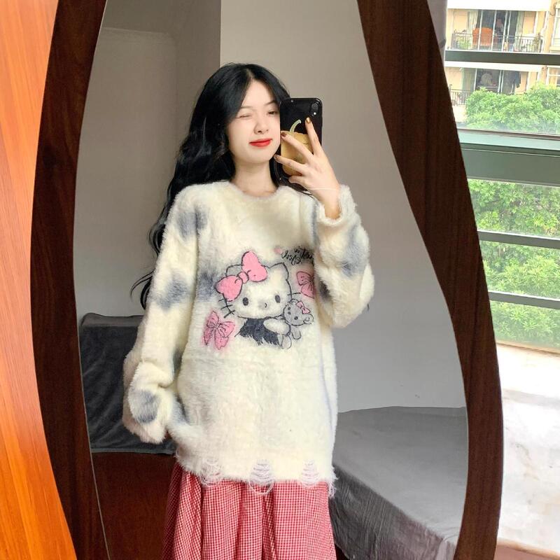 Japanese Style Sweet Cartoon Kitty Cat Pullover Sweater Women's Loose Lazy Tie-Dye Sweater for Autumn and Winter Japanese Style Sweet Cartoon Kitty Cat Pullover Sweater Women's Loose Lazy Tie-Dye Sweater for Autumn and Winter