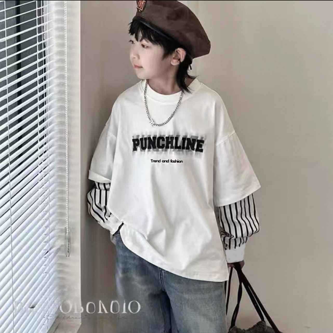 Children's Sweatshirt Fake Two-Piece Top Spring New Style Splicing Long-Sleeved T-Shirt for Boys and Girls Casual and Stylish Kidsren's Clothing