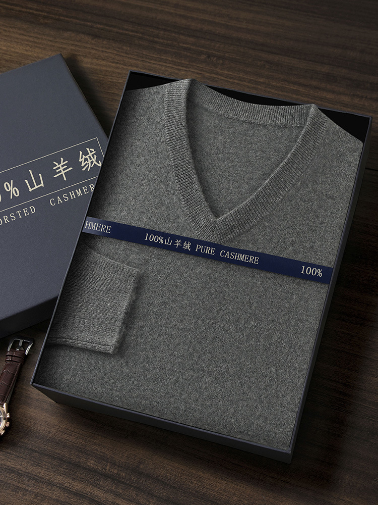 100% Pure Cashmere Sweater for Men, V-Neck, Young and Middle-Aged Business Casual, Sweetheart Neck Sweater, Large Size Knitwear, Thickened Wholesale