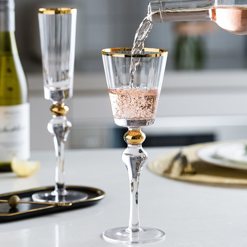 家用手工水晶玻璃红酒杯甜酒杯 金边珠珠香槟杯 仪式感气泡酒杯子