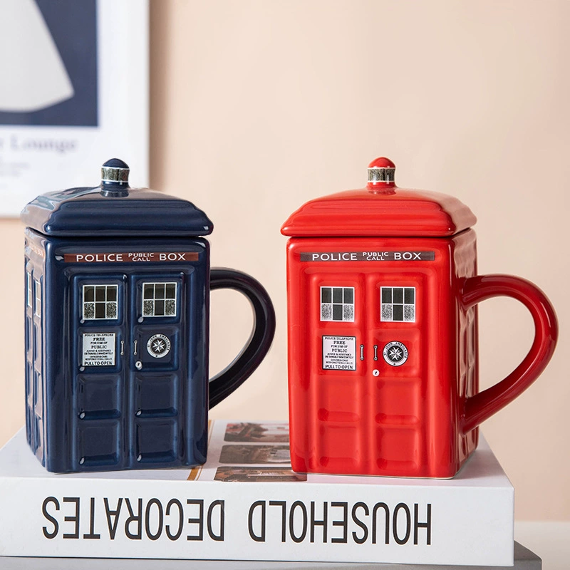 Керамическая кружка Police Box, ретро-дизайн британского павильона с крышкой, 401–500 мл, красная или синяя