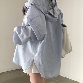 韩国chic春季减龄复古小众设计感减龄防晒宽松连帽长袖条纹衬衫女
