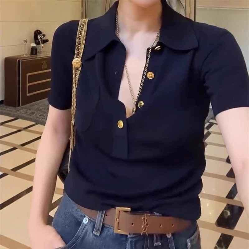Ice Silk Short-sleeved T-shirt Women's 2025 New Hot Summer High-end Temperament Polo Lasel Shoulder Knitted Top Ice Silk Short-sleeved T-shirt Women's 2025 New Hot Summer High-end Temperament Polo Lasel Shoulder Knitted Top