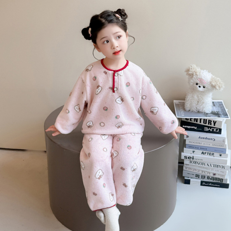 女童睡衣套装2025新款秋冬儿童法兰绒可爱小兔子保暖家居服珊瑚绒|undefined