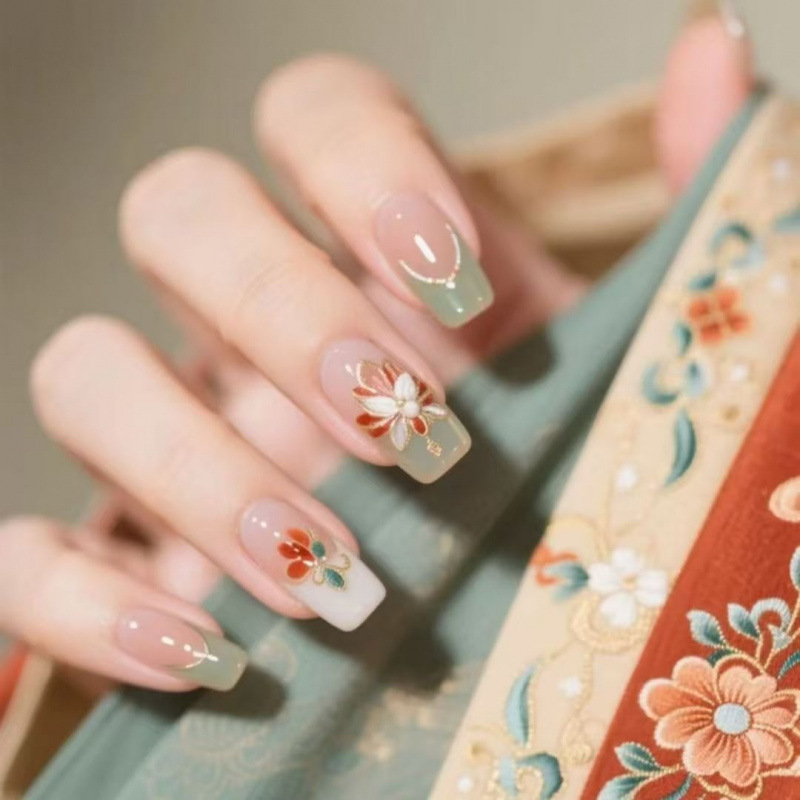 Purely Handmade Wearable Nails for Spring and Summer Chinese Style Flower French Phototherapy Nails Classy Ins Whitening Chinese Style Manicure