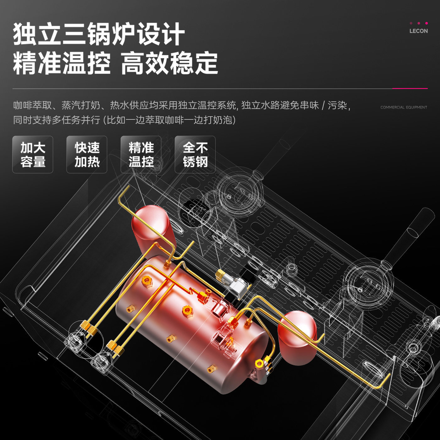 Máquina de café comercial Lechuang semiautomática italiana de doble cabeza de visualización digital comercial auto-preimpregnación máquina de café de vapor de alta presión