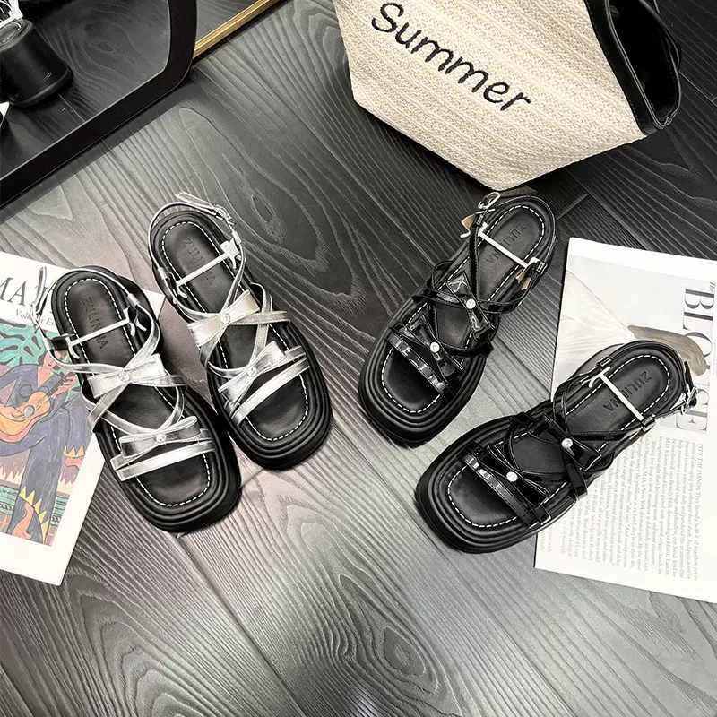 小码增高6cm~银色厚底凉鞋女夏季外穿百搭露趾蝴蝶结增高软底罗马