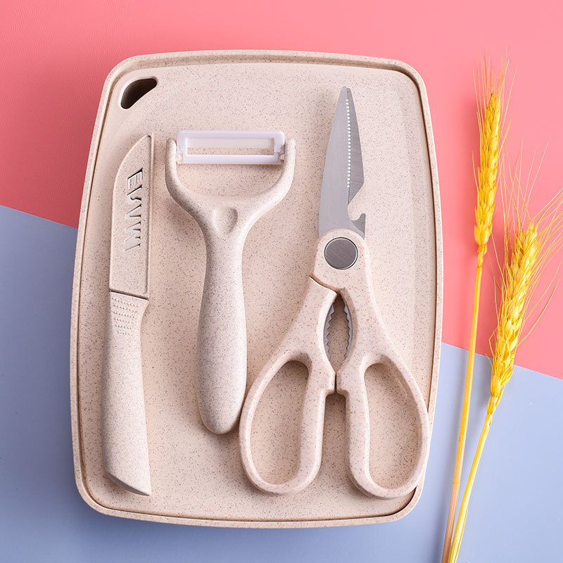 Conjunto de cinco piezas de paja de trigo con traje de tabla de corte suplemento alimenticio de bebé cuchillo de cerámica cuchillo de fruta de cerámica melón cepillado