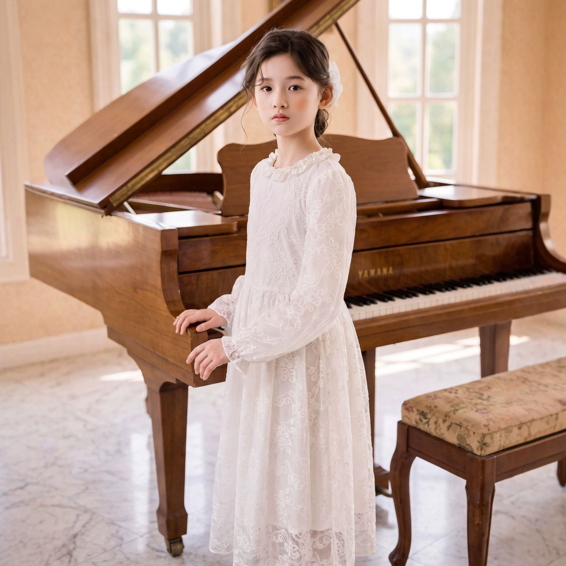 Girls' dress, spring/autumn 2026, white lace trim, puff sleeves, French style birthday party dress for older girls.