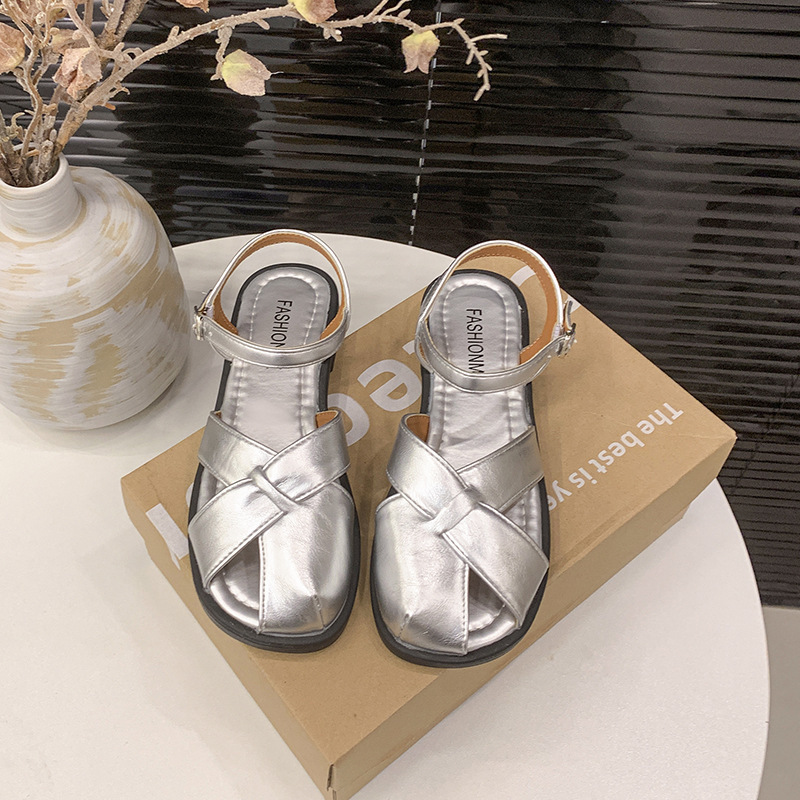 Baotou sandalias de mujer verano transpirable estilo nuevo tacon grueso de hadas estilo universal botón de playa zapatos de mujer