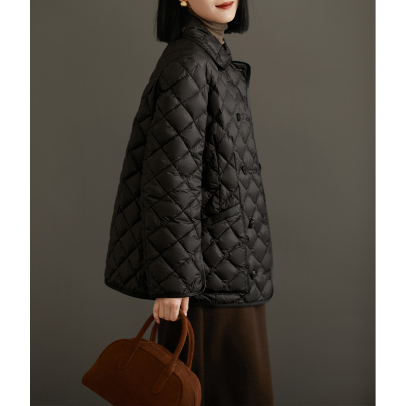 高端菱格鹅绒服 95白鹅绒设计感女装 短款平湖冬装羽绒服女款小众