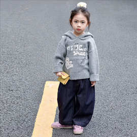 女童针织毛衣秋冬连帽新款2灰色3慵懒4岁小童5洋气保暖儿童上衣潮