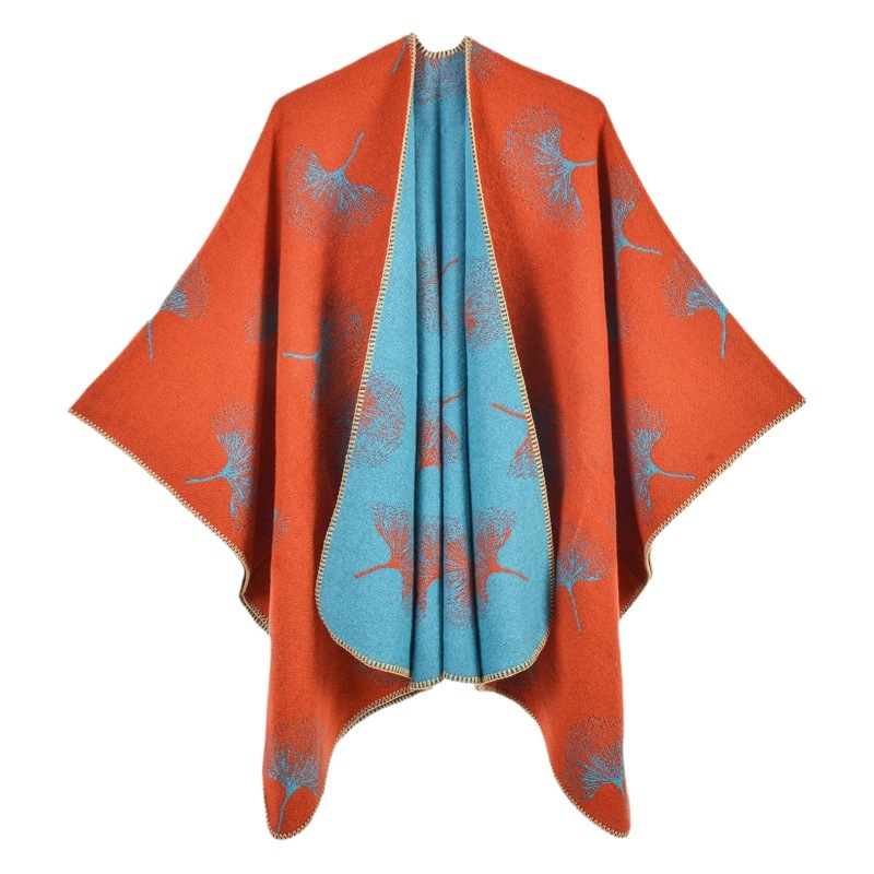 New Women's Shawl Fashion Ginkgo Leaf Pattern Large Shawl Western Travel Photo Wing Cold-proof Cloak