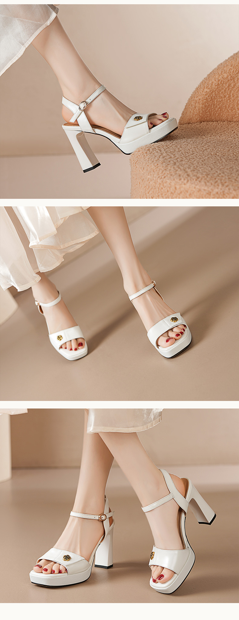 Sandal cao gót nữ hở mũi quai một chữ khóa, gót thô đế dày 10.5 cm — Da bò trắng gạo chi tiết 5