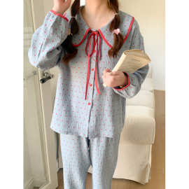 实拍2025秋季韩系甜美娃娃领棉纱布睡衣女新款家居服套装可外穿