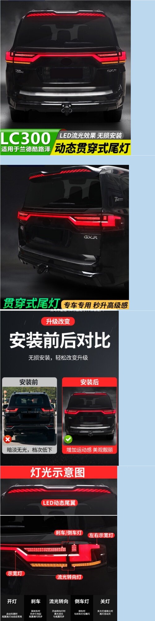 Suitable for Toyota Land Cruiser LC300 through-type tail light modification, Land Cruiser LED dragon scale flowing light tail wing decoration