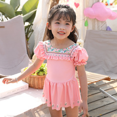 兒童泳衣女孩2024新款連體裙式女童泳衣小童中童可愛公主裙泳裝