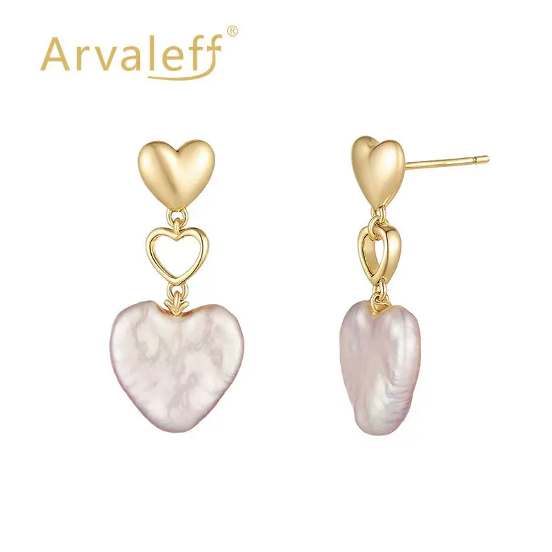 Arvaleff原创925银巴洛克珍珠耳钉爱心设计电镀14K金跨境耳钉饰品