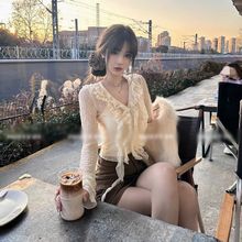 春夏季黑色修身v领网纱微透露脐长袖荷叶边短款喇叭袖衬衫上衣女