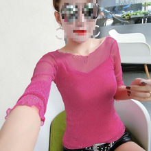 秋冬装新款长袖百搭打底衫女修身上衣秋衣外穿网纱亮丝恤潮