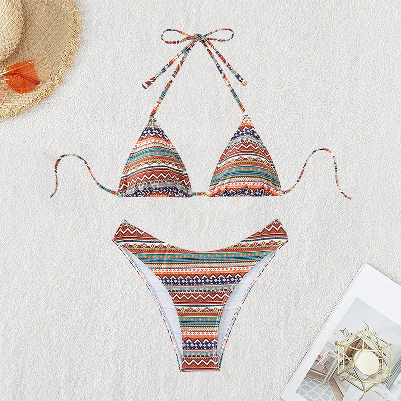 2024 Nieuwe sexy print gestreepte kanten driehoekige bikini strand split badmode voor dames_voghion.com