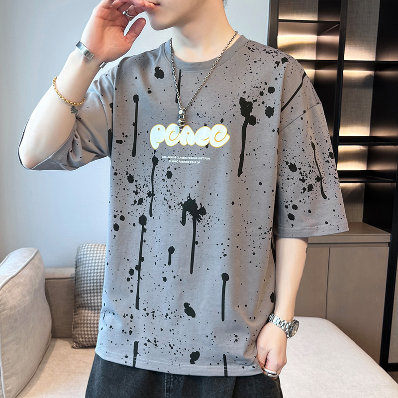 Camiseta de algodón de manga corta para hombres de verano nueva moda suelta cuello redondo medio manga casuales marca de tendencia puerto camisa de manga de cinco puntos