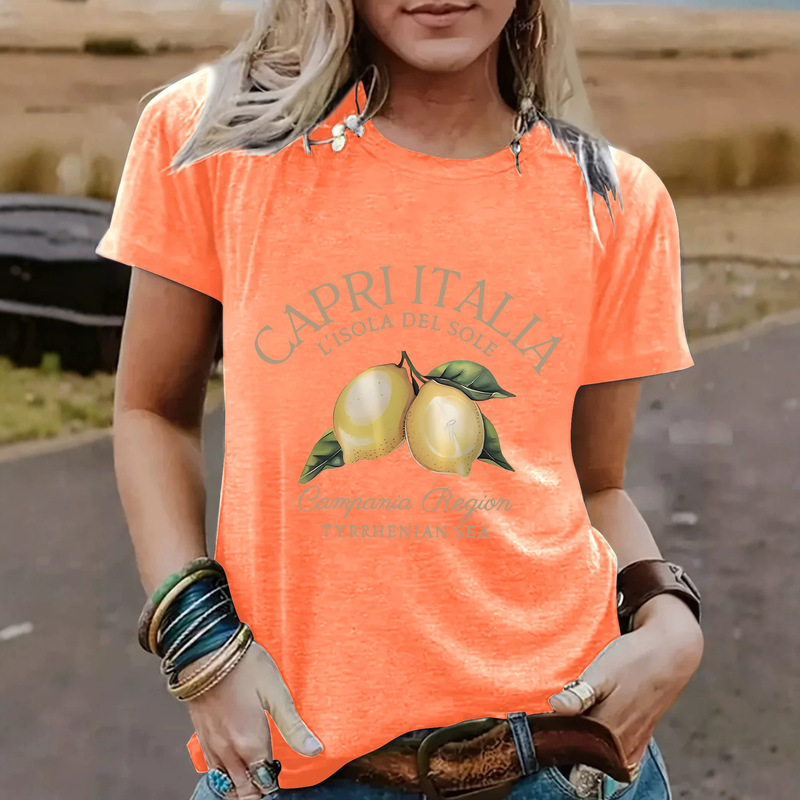 Cross-border dropshipping women's short-sleeve T-shirt with fruit design print, loose and stylish summer women's clothing with a high-end feel Cross-border dropshipping women's short-sleeve T-shirt with fruit design print, loose and stylish summer women's clothing with a high-end feel