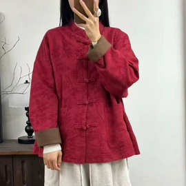 2026秋季新款新中式复古立领盘扣亚麻外套女文艺双层提花宽松上衣