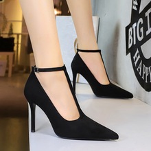 3639法式高级感尖头高跟鞋细跟浅口绒面T字式扣带超高跟单鞋女鞋