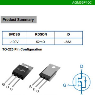 芯控源AGM55P10C  P管100V  内阻52mR  电流-38A  封装TO-220