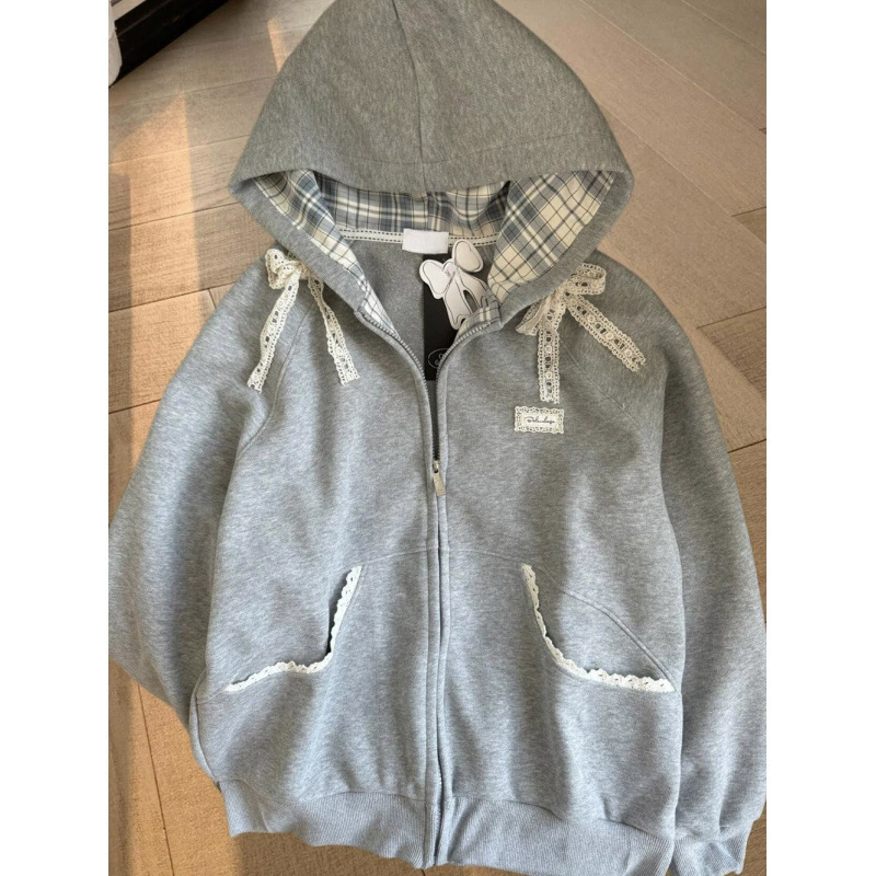 Качественный хлопковый кружевной светшот с бантом, худи, oversize